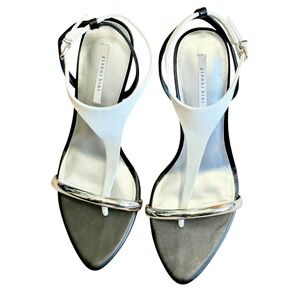Gianni Bini Orah White Black Leather T-Strap Stiletto Heels Silver Accent 11M